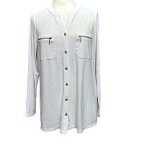 Susan Graver White Long Sleeve Button Up Top‎ Liquid Knit Tunic Career XL